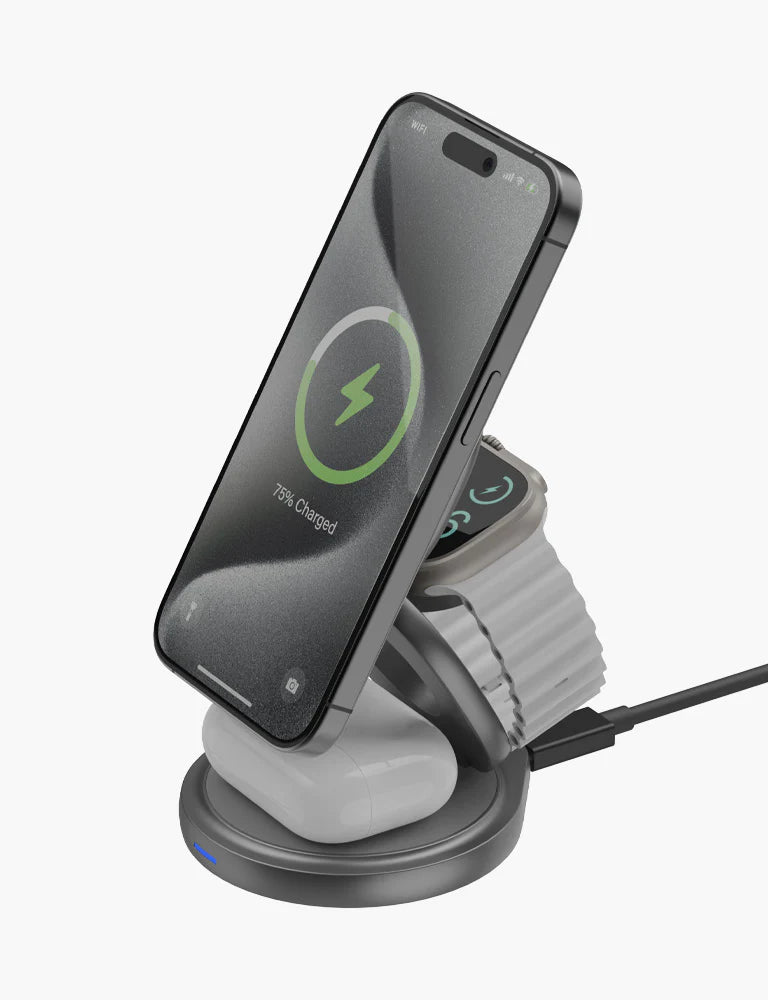 BAZIC GOMAG GYRE, 360 ROTATING BASE 3 IN 1 WIRELESS CHARGER WITH APPLE WATCH AND AIRPODS CHARGING - GUNMETAL