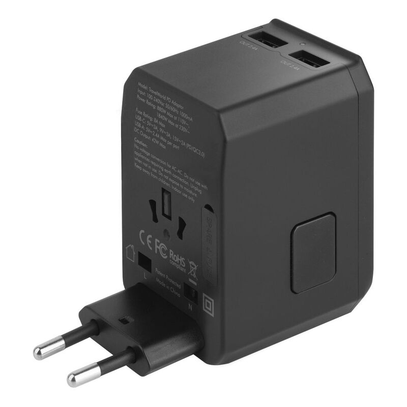 ENERGEA TRAVELWORLD ADAPTER GAN65, 1A2C 65W - GUNMETAL