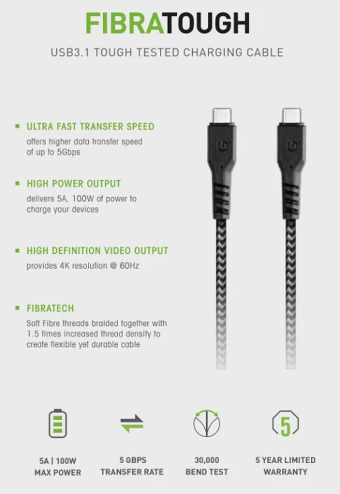 ENERGEA FIBRATOUGH, 3.1 GEN2, USB-C TO USC-C CHARGE & SYNC CABLE 10GBPS 5A 1M, BLACK