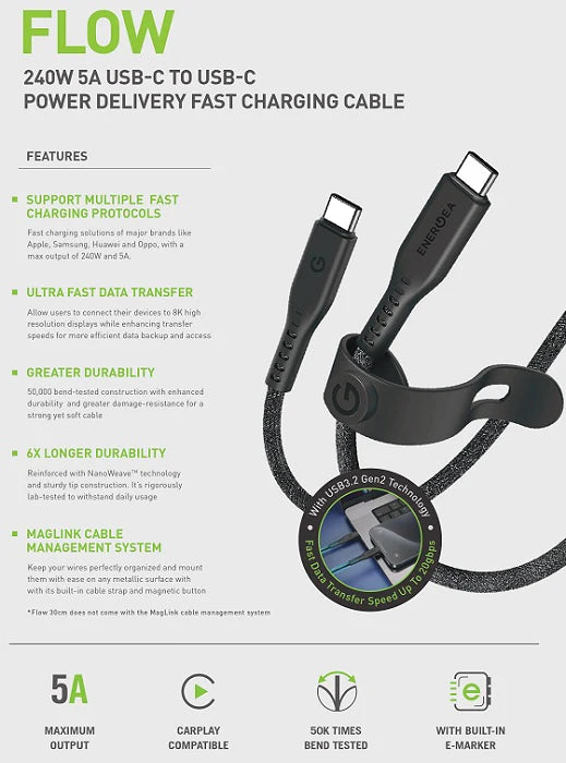 ENERGEA FLOW 10GBPS USB 3.2 GEN 2 C-C CABLE 10GBPS, 240W WITH MCT 1M -BLACK