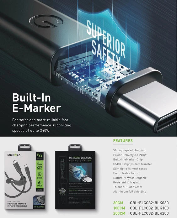 ENERGEA FLOW 10GBPS USB 3.2 GEN 2 C-C CABLE 10GBPS, 240W WITH MCT 1M -BLACK