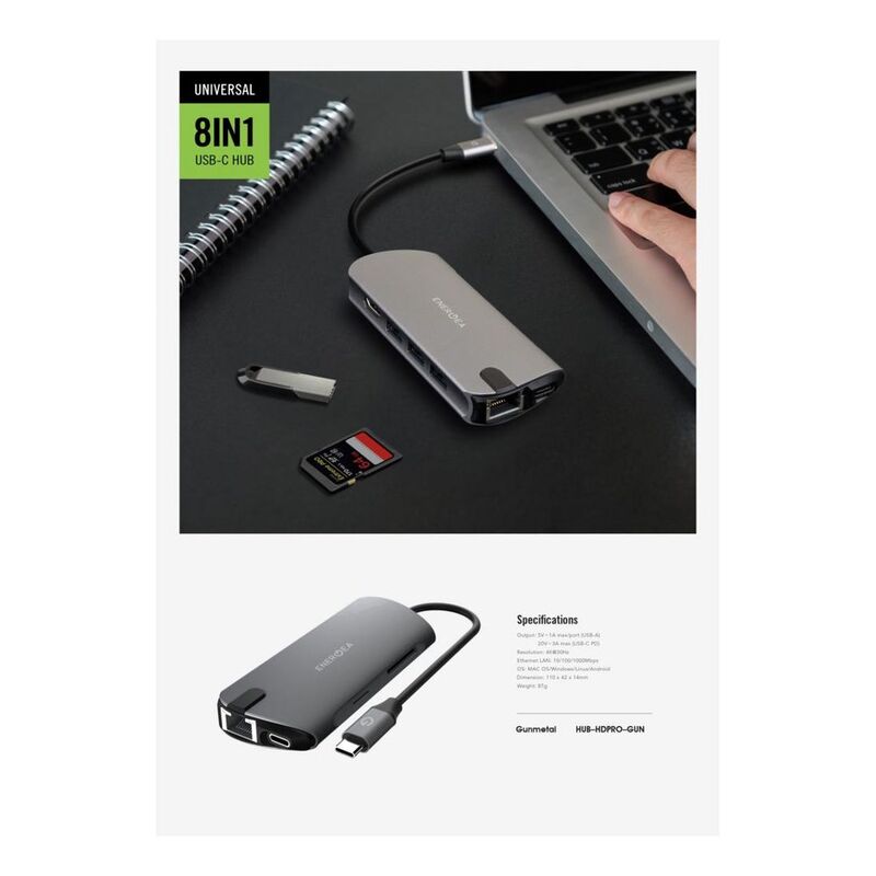 ENERGEA ALUHUB HD PRO, 8 IN 1 SUPERSPEED ALUMINIUM 3.1 USB-C HUB - GUNMETAL