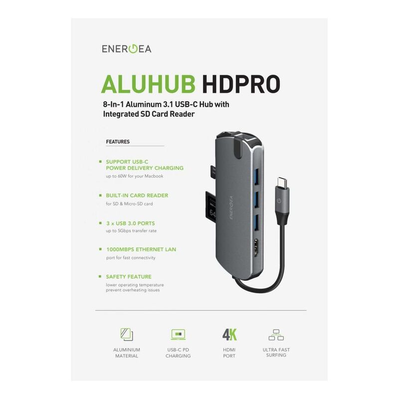 ENERGEA ALUHUB HD PRO, 8 IN 1 SUPERSPEED ALUMINIUM 3.1 USB-C HUB - GUNMETAL