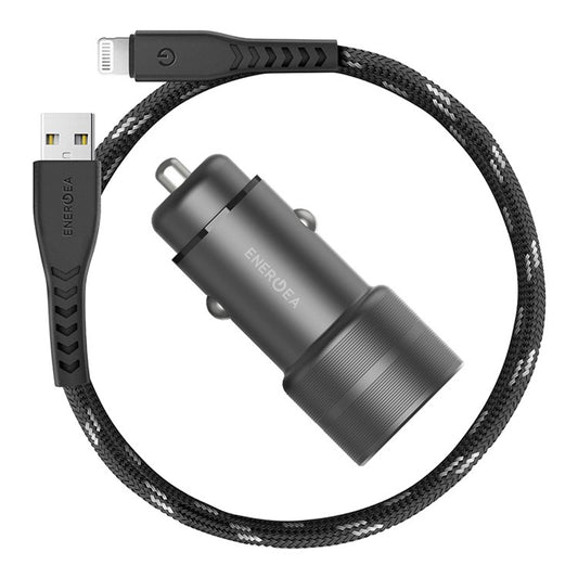 EnergEA AluDrive PD20+ Kit USB-C PD/USB QC3.0 Car Charger with Nyloflex USB-A/Lightning Cable (1.5m)