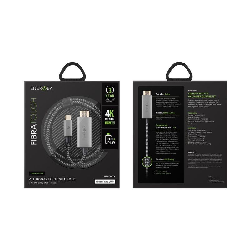 ENERGEA FIBRATOUGH, USB-C TO HDMI CABLE 4K@60HZ 2M - BLACK