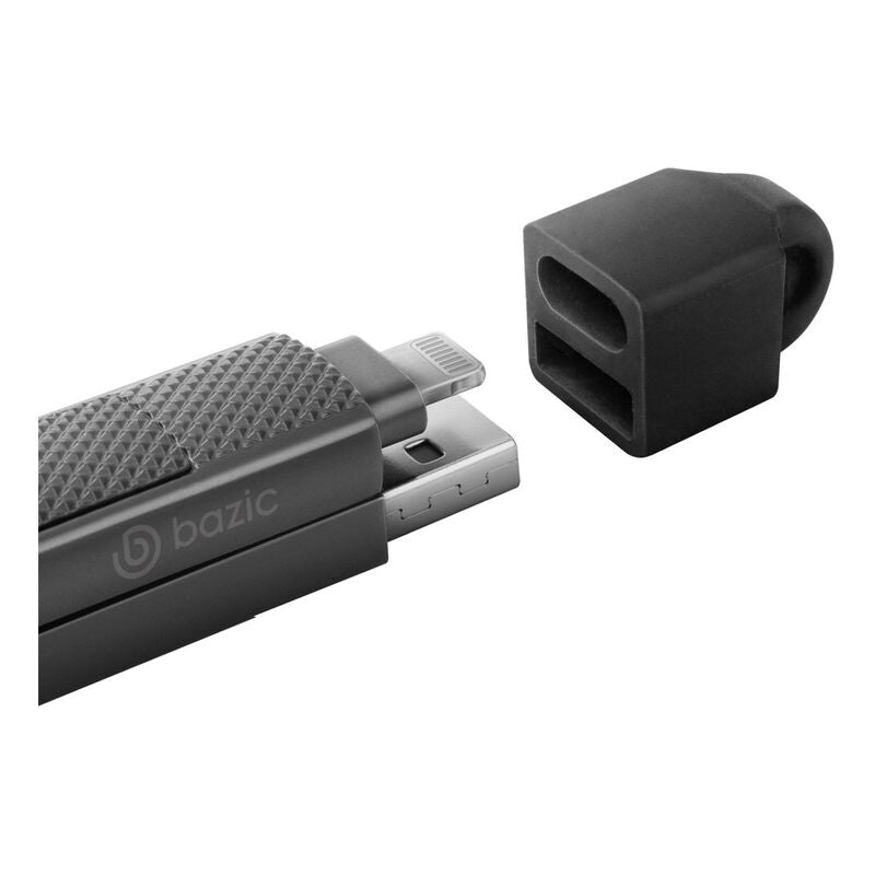BAZIC GOCHARGE ALUCABLE, 4 IN 1 ALUMINIUM CHARGING CABLE WITH USB A/C INPUT AND USB C/LIGHTNING OUTPUT. PD FAST CHARGE 15CM - BLACK