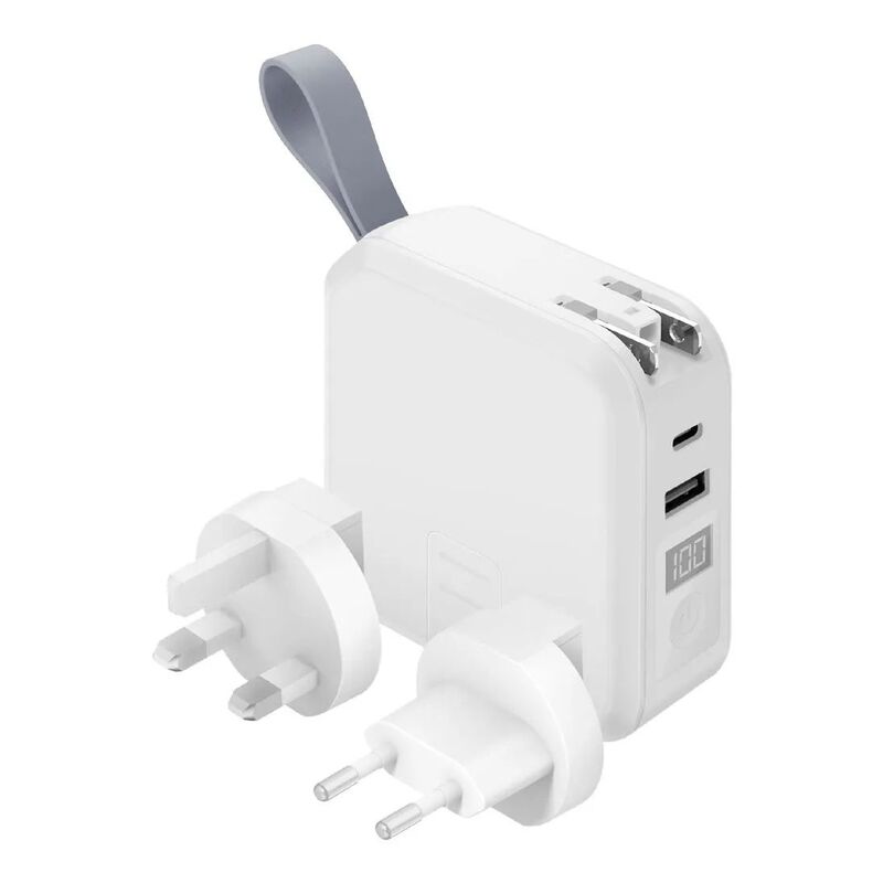 BAZIC GOPORT TRAVEL 10K, 10000MAH UNIVERSAL WALL CHARGER WITH BUILT-IN CABLE - WHITE