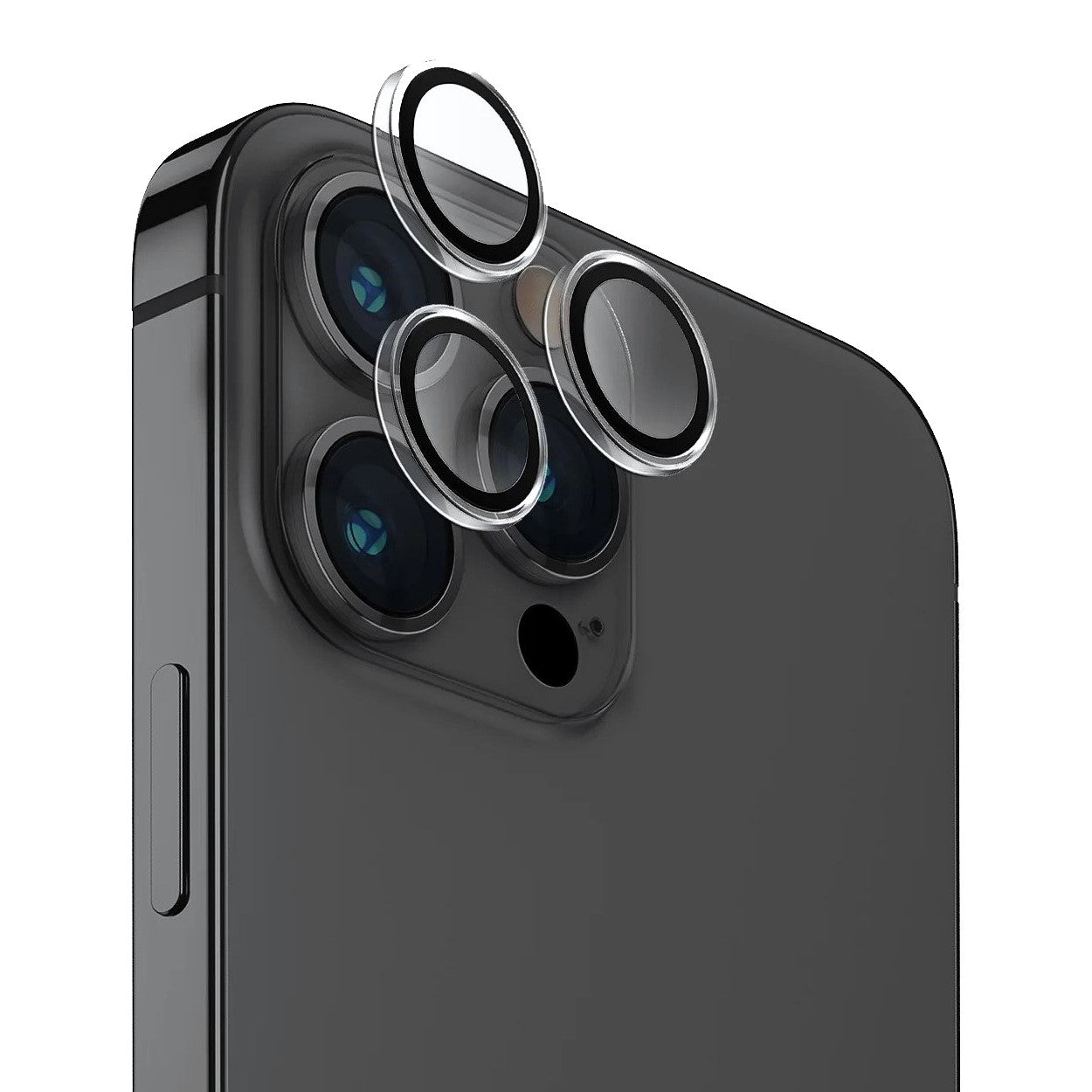 UNIQ OPTIX IPHONE PRO (2023) 6.1 STAINLESS STEEL FRAME SAPPHIRE CAMERA LENS PROTECTOR - GUNMETAL BLACK (BLACK) - يونيك أوبتكس آيفون برو (2023) 6.1 حماية عدسة الكاميرا بزجاج الياقوت وإطار فولاذي - أسود معدني (أسود)